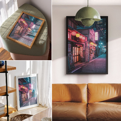 Póster con colores saturados Faroles de neón que encantan la noche en la calle de la ciudad