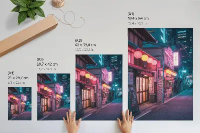 Póster de faroles de neón con colores saturados que encantan la noche en la calle de la ciudad