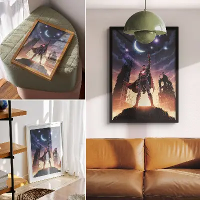 Lámina artística de alta calidad cielo nocturno con figura dinámica y ruinas misteriosas