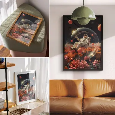 Póster de astronauta con plantas espaciales diseño de cosmos con colores saturados