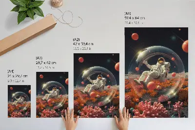 Póster de astronauta con plantas espaciales diseño de cosmos con colores saturados