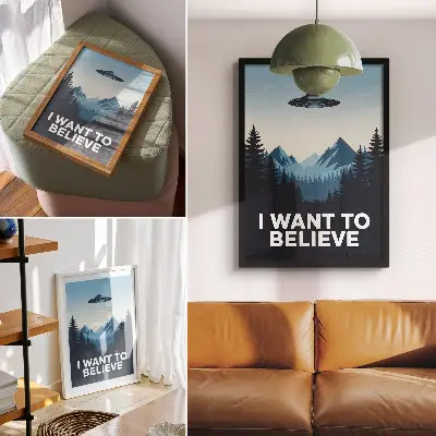 Póster de ovni en bosque con montañas de estilo moderno