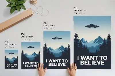 Póster de ovni en bosque con montañas de estilo moderno