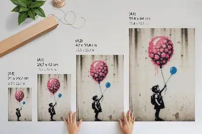 Póster de niño con globos con colores saturados sobre fondo áspero
