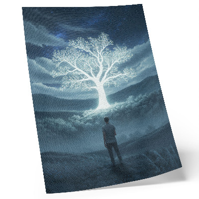 Póster Un árbol mágico con el telón de fondo de un paisaje nocturno.