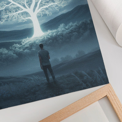 Póster Un árbol mágico con el telón de fondo de un paisaje nocturno.