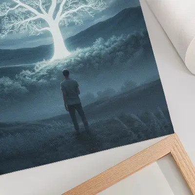 Póster un árbol mágico frente a un paisaje nocturno
