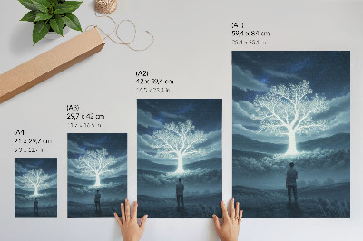 Póster Un árbol mágico con el telón de fondo de un paisaje nocturno.