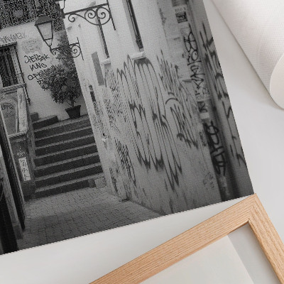 Póster con colores saturados Calle en blanco y negro con grafitis y farolas.