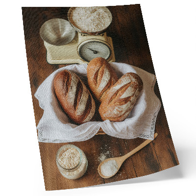 Póster Balanza de la cesta del pan, superficie de madera para harina