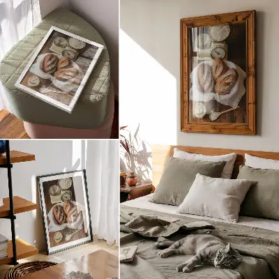 Póster escala de balanza con cesta de pan sobre superficie de madera con harina