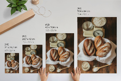 Póster Balanza de la cesta del pan, superficie de madera para harina