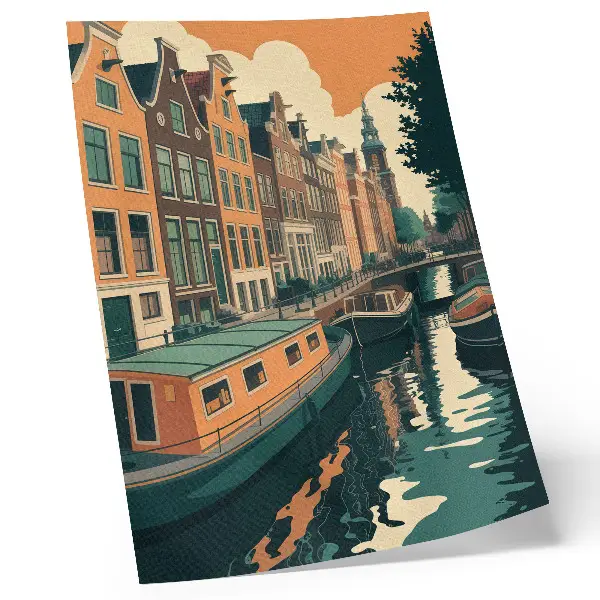 Póster de edificios sobre el canal con reflejos en el agua y colores saturados