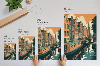 Póster con colores saturados Edificios de viviendas sobre el canal reflejados en el agua