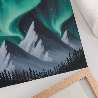 Póster Las auroras boreales sobre las montañas en una noche mágica.