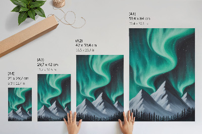 Póster Las auroras boreales sobre las montañas en una noche mágica.