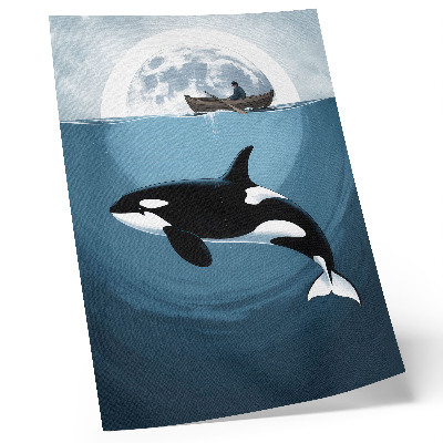 Póster de orca bajo el agua con colores saturados, figura en un barco y luna al fondo