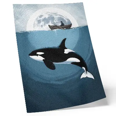 Póster con colores saturados Orca bajo el agua, figura en un barco, luna al fondo.