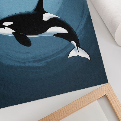 Póster de orca bajo el agua con colores saturados, figura en un barco y luna al fondo