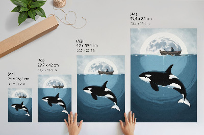 Póster de orca bajo el agua con colores saturados, figura en un barco y luna al fondo