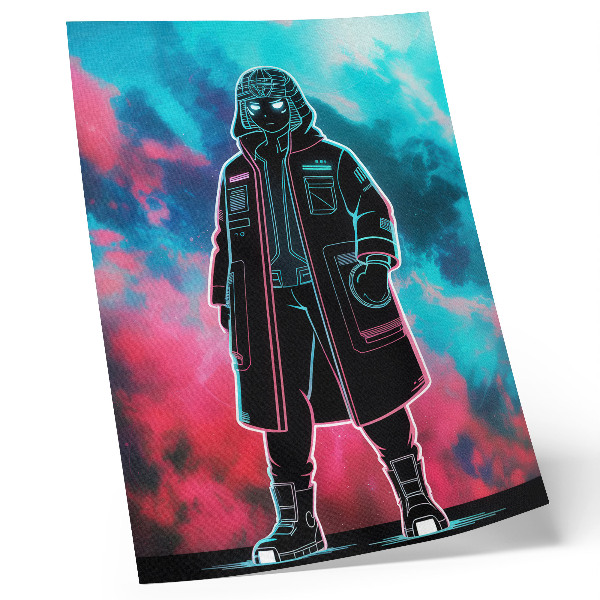 Lienzo decorativo moderno Una figura futurista contra el cielo en colores intensos.