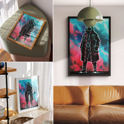 Lienzo decorativo moderno Una figura futurista contra el cielo en colores intensos.