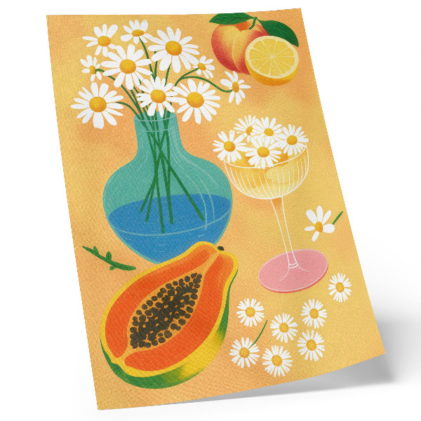 Lámina artística de alta calidad Frutas jugosas, margaritas coloridas, estilo ilustrativo