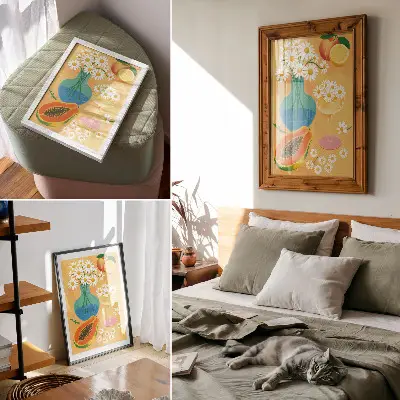 Lámina artística de alta calidad con diseño ilustrativo de frutas jugosas y margaritas coloridas