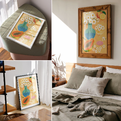 Lámina artística de alta calidad Frutas jugosas, margaritas coloridas, estilo ilustrativo