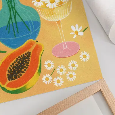 Lámina artística de alta calidad con diseño ilustrativo de frutas jugosas y margaritas coloridas