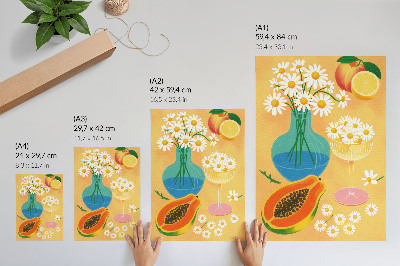 Lámina artística de alta calidad Frutas jugosas, margaritas coloridas, estilo ilustrativo