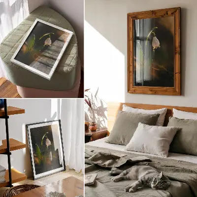 Lienzo decorativo moderno con diseño de hojas verdes de campanilla de invierno y luz cálida
