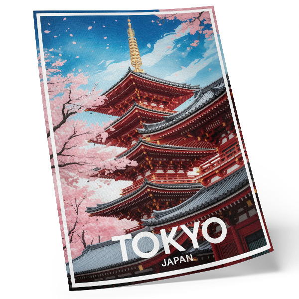 Póster con colores saturados Arquitectura de pagoda Flores rosas Armonía