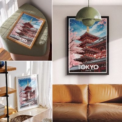 Póster con colores saturados Arquitectura de pagoda Flores rosas Armonía