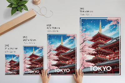 Póster con colores saturados Arquitectura de pagoda Flores rosas Armonía