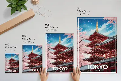 Póster de arquitectura de pagoda con flores rosas y armonía con colores saturados