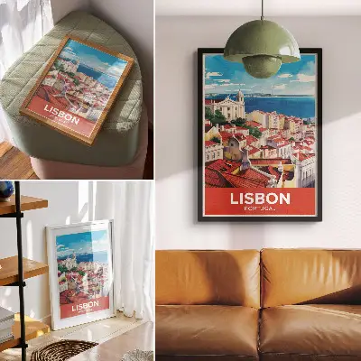 Póster panorama de la ciudad con colores cálidos y ambiente tranquilo