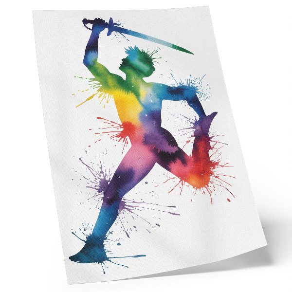 Póster con colores saturados Una figura de colores brillantes con una espada.