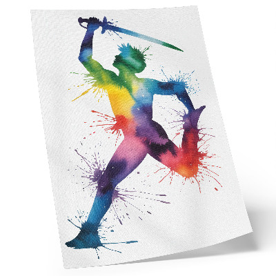 Póster con colores saturados Una figura de colores brillantes con una espada.