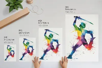 Póster de figura con espada de colores saturados y brillantes