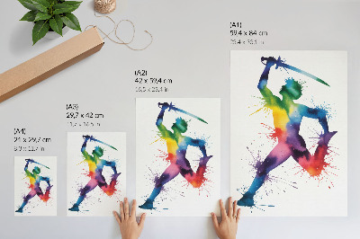 Póster con colores saturados Una figura de colores brillantes con una espada.