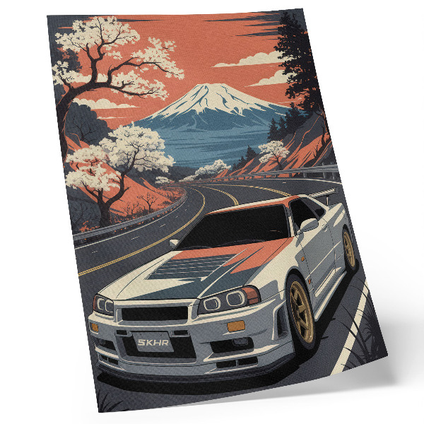 Póster Escena dinámica de montañas con coches deportivos