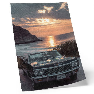 Póster con colores saturados Coche retro puesta de sol mar nostálgico