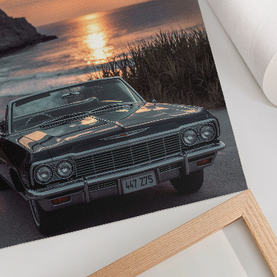 Póster con colores saturados Coche retro puesta de sol mar nostálgico