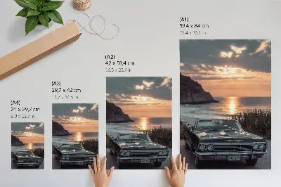 Póster de coche retro con puesta de sol y mar diseño nostálgico con colores saturados