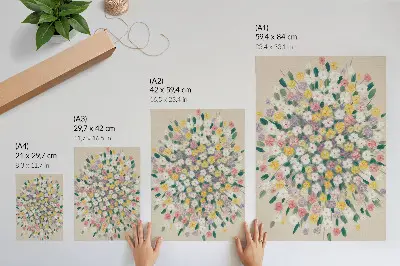 Lienzo decorativo moderno con diseño de flores coloridas y hojas en tonos pastel que aportan frescura