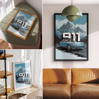 Póster Coche clásico, fondo de montaña, letras grandes