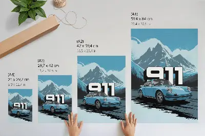 Póster coche clásico con fondo de montaña y letras grandes