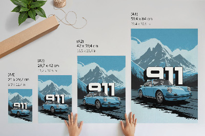 Póster Coche clásico, fondo de montaña, letras grandes