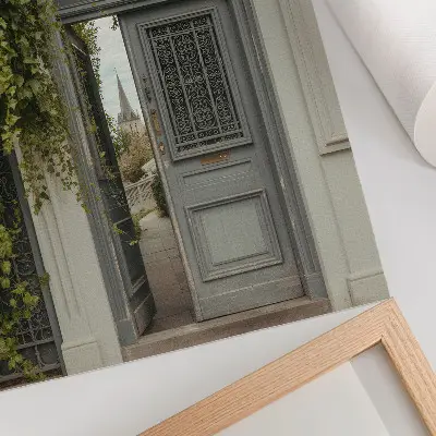 Póster con colores saturados puerta antigua con hiedra en un sendero misterioso